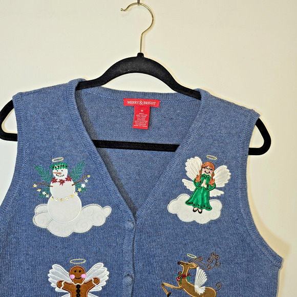 Vintage Christmas Granny Embroidered Angels Sweater Vest Cat Dog Waistcoat Sz M - Picture 2 of 7